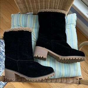 Women's Black Suede Boots with Tan Sole